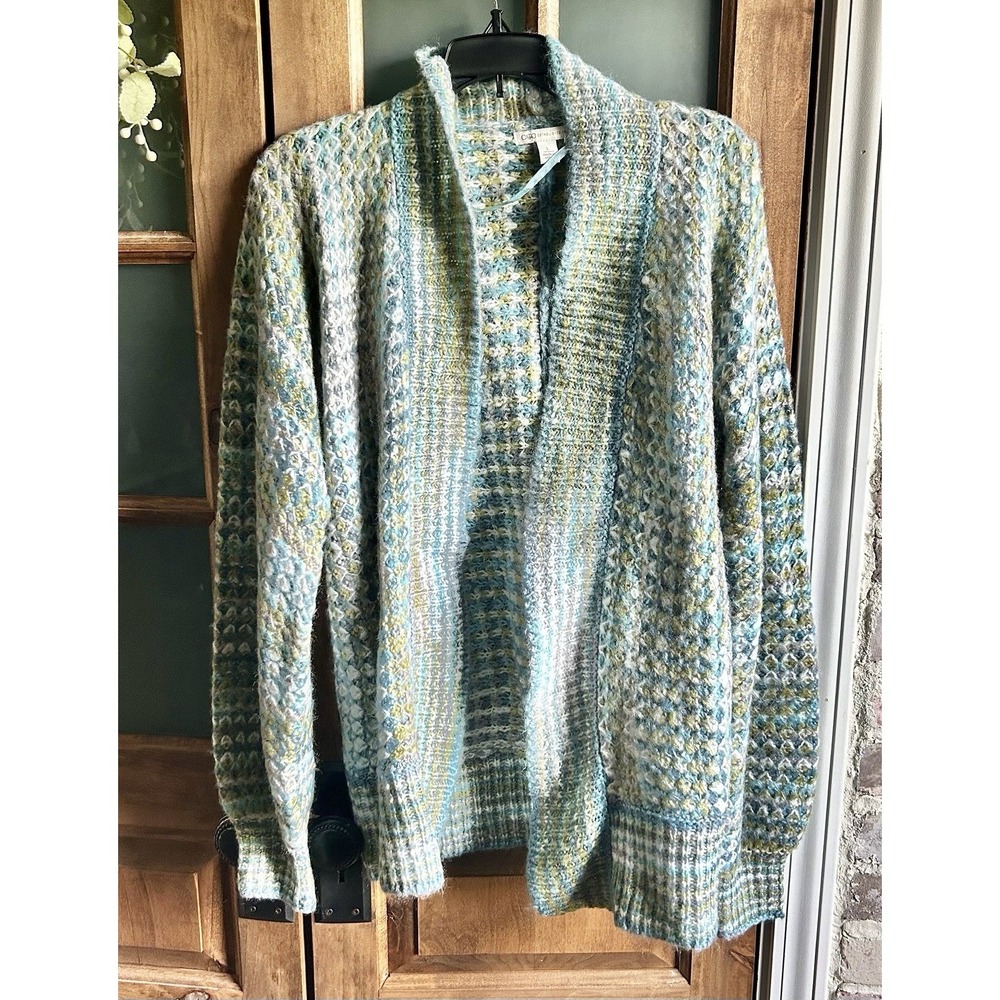 Cato Womens Large Blue Green Multi Color Chunky Knit Open Front Cardigan Sweater